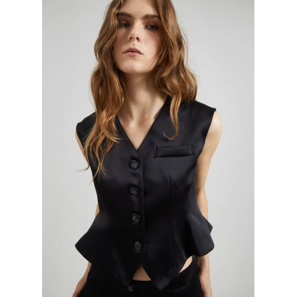 The Frankie Shop Rui Satin Vest - Black - Oversized Minimalist Jackets in Black - Shop at Luxury Shoes 