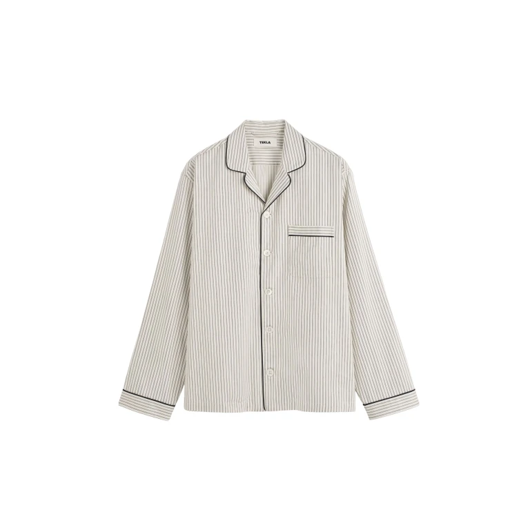 The Frankie Shop Sateen Pyjama Shirt - Brown Pinstripe - Oversized Minimalist Loungewear in Multicolour - Shop at Luxury Shoes 