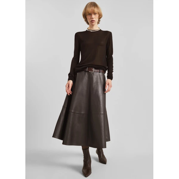 The Frankie Shop Savil Leather Midi Skirt - Dark Brown - Oversized Minimalist Skirts in Beige - Shop at Luxury Shoes 