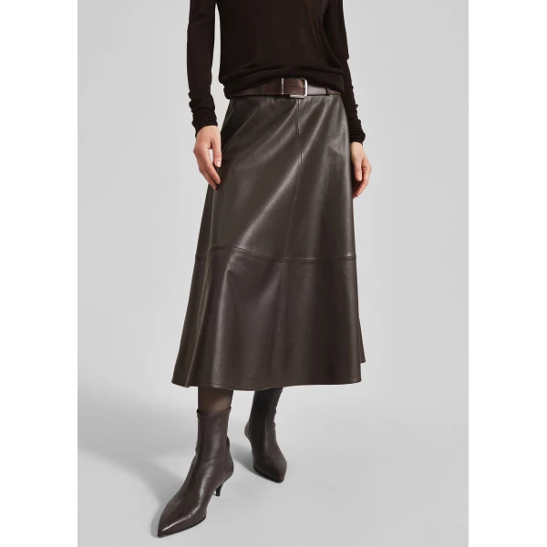 The Frankie Shop Savil Leather Midi Skirt - Dark Brown - Oversized Minimalist Skirts in Beige - Shop at Luxury Shoes 