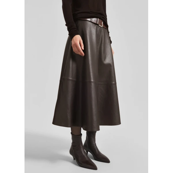 The Frankie Shop Savil Leather Midi Skirt - Dark Brown - Oversized Minimalist Skirts in Beige - Shop at Luxury Shoes 