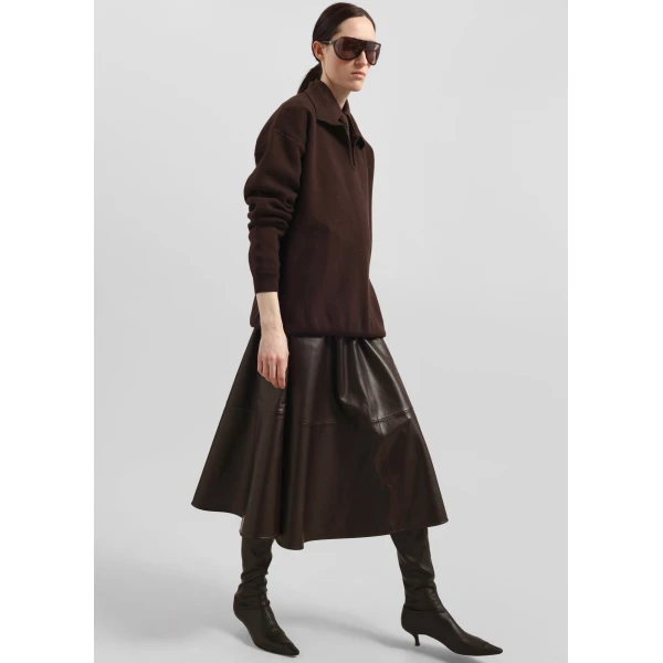 The Frankie Shop Savil Leather Midi Skirt - Dark Brown - Oversized Minimalist Skirts in Beige - Shop at Luxury Shoes 