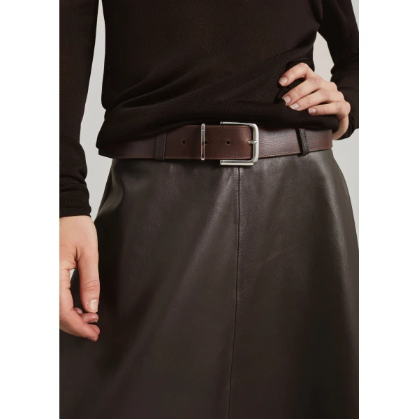 The Frankie Shop Savil Leather Midi Skirt - Dark Brown - Oversized Minimalist Skirts in Beige - Shop at Luxury Shoes 