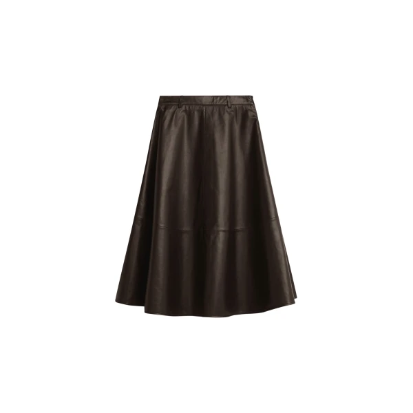 The Frankie Shop Savil Leather Midi Skirt - Dark Brown - Oversized Minimalist Skirts in Beige - Shop at Luxury Shoes 