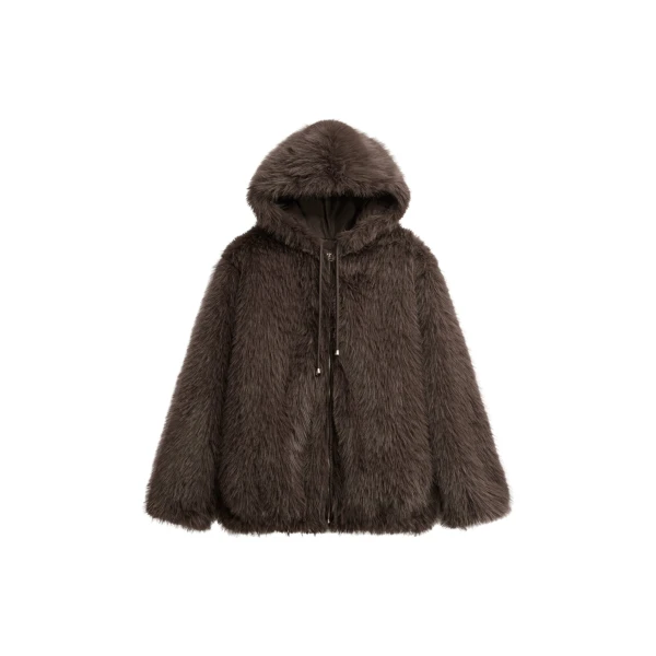 The Frankie Shop Savoie Faux Fur Hooded Jacket - Brown - Oversized Minimalist Jackets in Beige - Shop at Luxury Shoes 