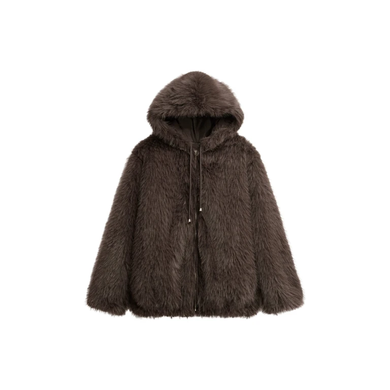 The Frankie Shop Savoie Faux Fur Hooded Jacket - Brown - Oversized Minimalist Jackets in Beige - Shop at Luxury Shoes 