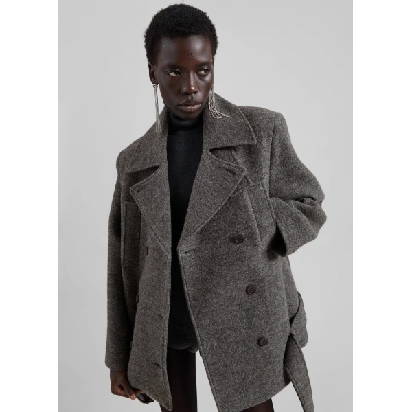 The Frankie Shop Scothern Brushed Wool Peacoat - Grey Melange - Oversized Minimalist Coats in Grey - Shop at Luxury Shoes 