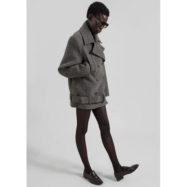 The Frankie Shop Scothern Brushed Wool Peacoat - Grey Melange - Oversized Minimalist Coats in Grey - Shop at Luxury Shoes 