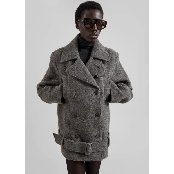 The Frankie Shop Scothern Brushed Wool Peacoat - Grey Melange - Oversized Minimalist Coats in Grey - Shop at Luxury Shoes 