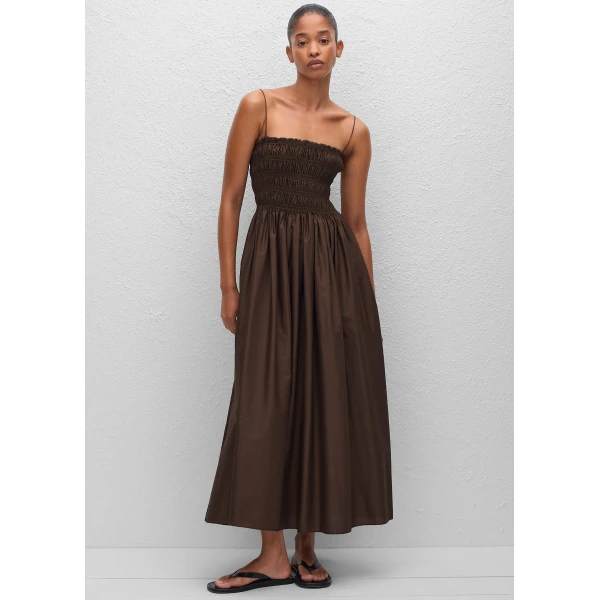 The Frankie Shop Shirred Bodice Dress - Chocolate - Oversized Minimalist Dresses in Beige - Shop at Luxury Shoes 