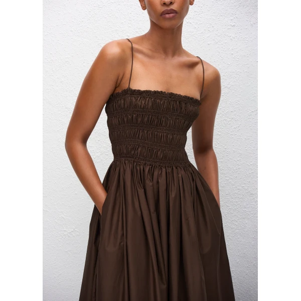 The Frankie Shop Shirred Bodice Dress - Chocolate - Oversized Minimalist Dresses in Beige - Shop at Luxury Shoes 