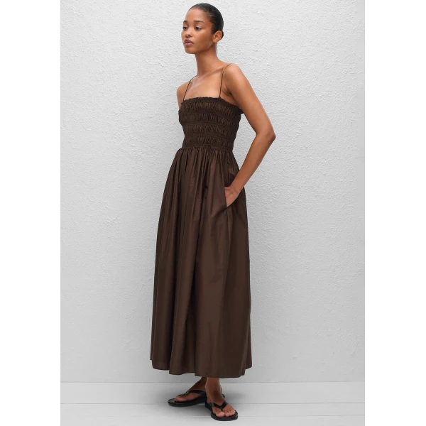 The Frankie Shop Shirred Bodice Dress - Chocolate - Oversized Minimalist Dresses in Beige - Shop at Luxury Shoes 