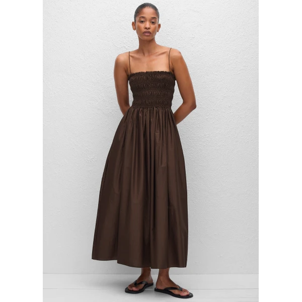 The Frankie Shop Shirred Bodice Dress - Chocolate - Oversized Minimalist Dresses in Beige - Shop at Luxury Shoes 