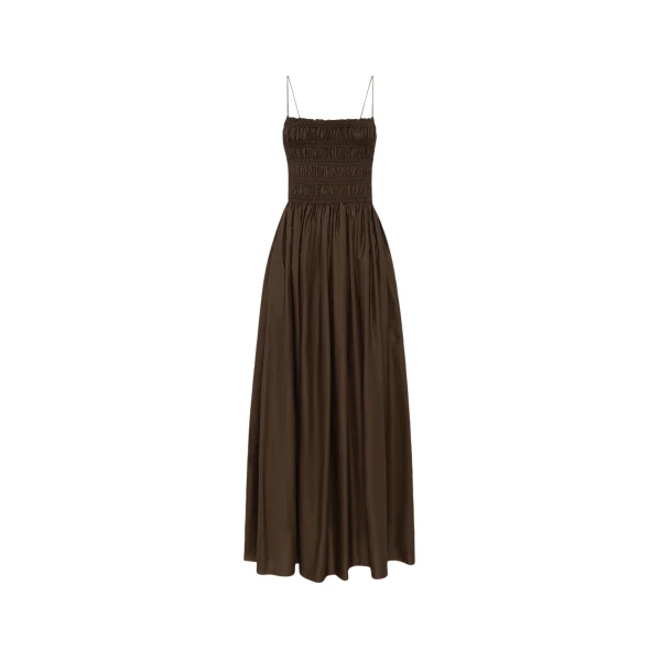 The Frankie Shop Shirred Bodice Dress - Chocolate - Oversized Minimalist Dresses in Beige - Shop at Luxury Shoes 
