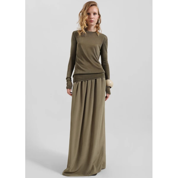 The Frankie Shop Sibena Silk Maxi Skirt - Khaki - Oversized Minimalist Skirts in Green - Shop at Luxury Shoes 