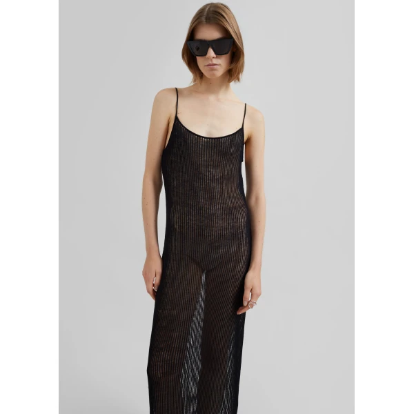The Frankie Shop Sienna Semi Sheer Ribbed Dress - Black - Oversized Minimalist Dresses in Black - Shop at Luxury Shoes 