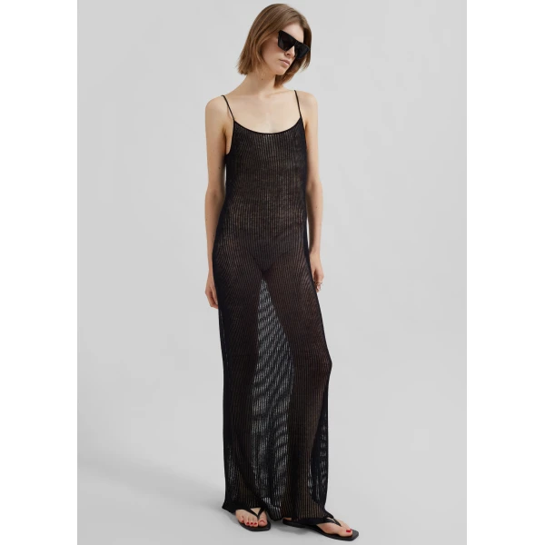 The Frankie Shop Sienna Semi Sheer Ribbed Dress - Black - Oversized Minimalist Dresses in Black - Shop at Luxury Shoes 