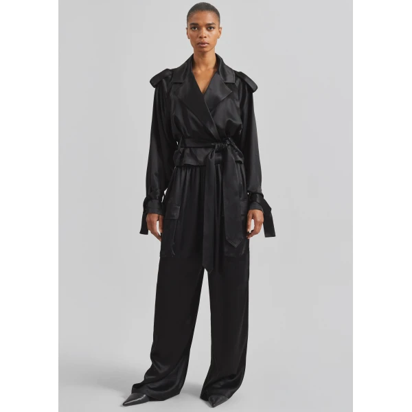The Frankie Shop Simona Satin Short Trench - Black - Oversized Minimalist Coats in Black - Shop at Luxury Shoes 