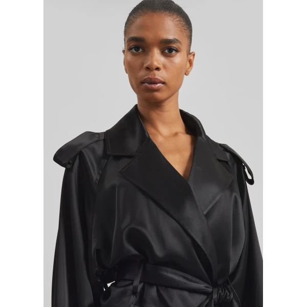 The Frankie Shop Simona Satin Short Trench - Black - Oversized Minimalist Coats in Black - Shop at Luxury Shoes 
