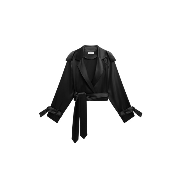 The Frankie Shop Simona Satin Short Trench - Black - Oversized Minimalist Coats in Black - Shop at Luxury Shoes 