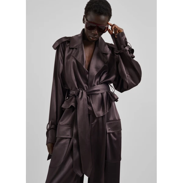 The Frankie Shop Simona Satin Short Trench – Dark Brown, view 2