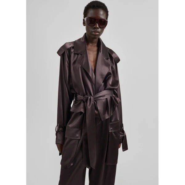 The Frankie Shop Simona Satin Short Trench – Dark Brown, view 3