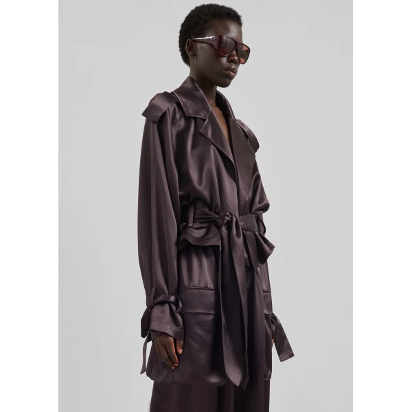 The Frankie Shop Simona Satin Short Trench – Dark Brown, view 6