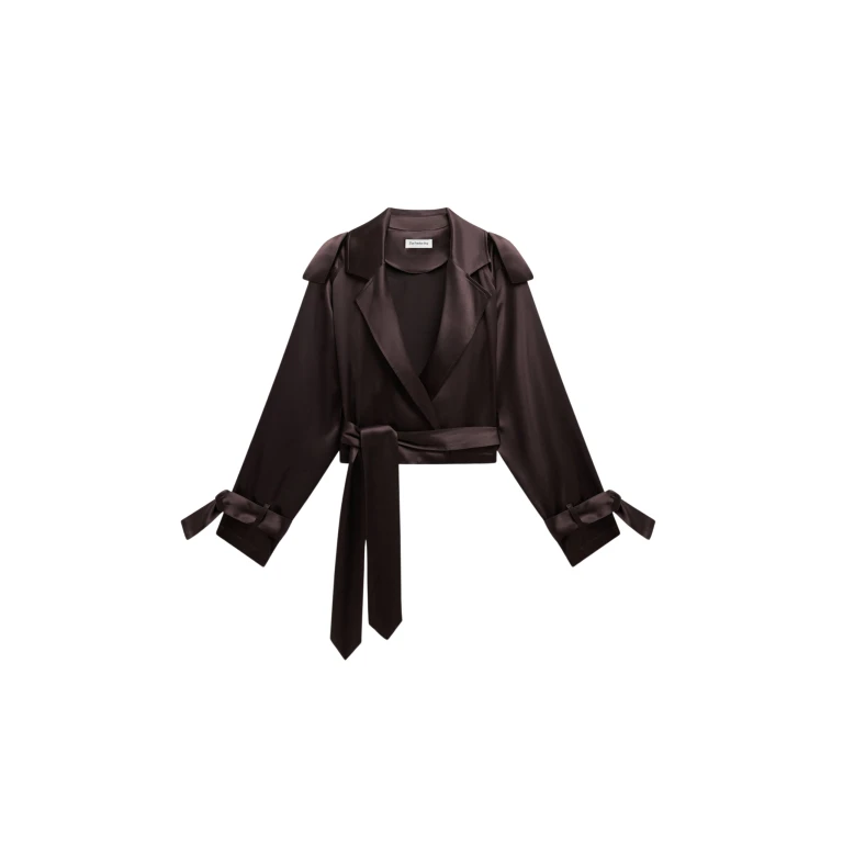 The Frankie Shop Simona Satin Short Trench - Dark Brown - Oversized Minimalist Coats in Beige - Shop at Luxury Shoes 