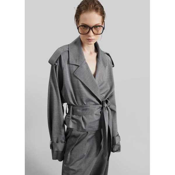 The Frankie Shop Simona Short Trench - Grey Melange - Oversized Minimalist Coats in Grey - Shop at Luxury Shoes 