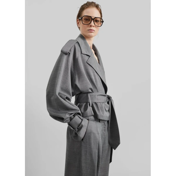 The Frankie Shop Simona Short Trench - Grey Melange - Oversized Minimalist Coats in Grey - Shop at Luxury Shoes 
