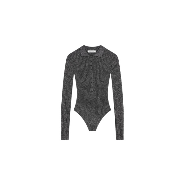 The Frankie Shop Solana Polo Bodysuit - Black Metallic - Oversized Minimalist Bikini in Metallic - Shop at Luxury Shoes 