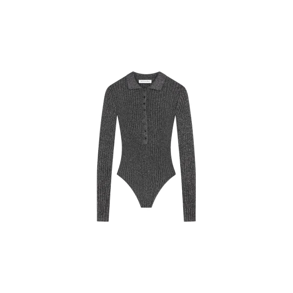 The Frankie Shop Solana Polo Bodysuit - Black Metallic - Oversized Minimalist Bikini in Metallic - Shop at Luxury Shoes 