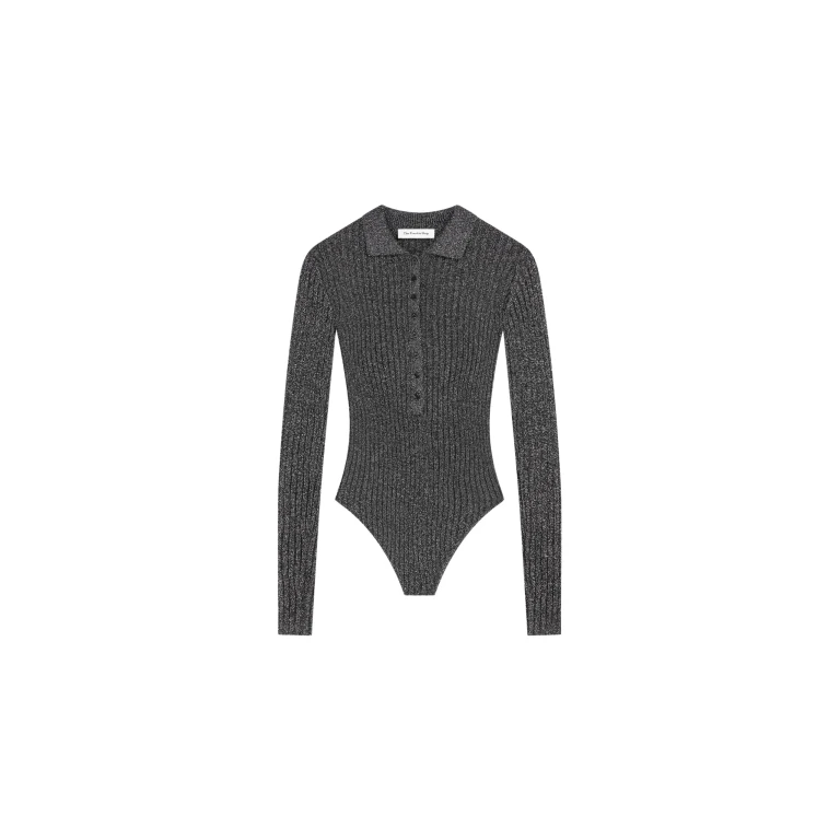 The Frankie Shop Solana Polo Bodysuit - Black Metallic - Oversized Minimalist Bikini in Metallic - Shop at Luxury Shoes 