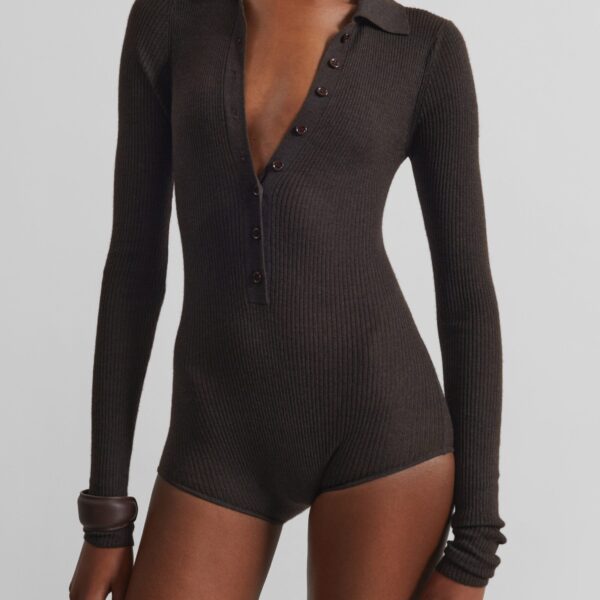 The Frankie Shop Solana Polo Bodysuit – Brown, view 2