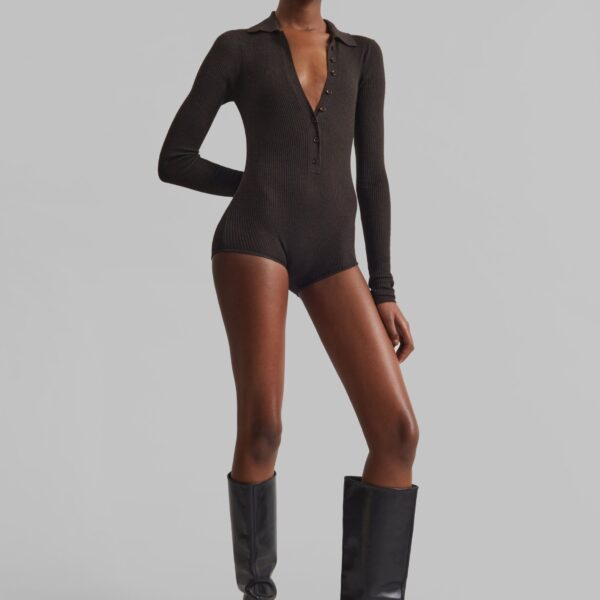 The Frankie Shop Solana Polo Bodysuit – Brown, view 5