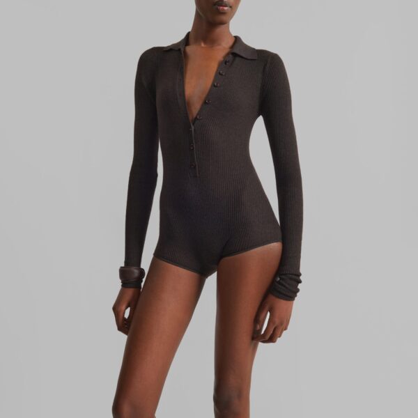 The Frankie Shop Solana Polo Bodysuit – Brown, view 6