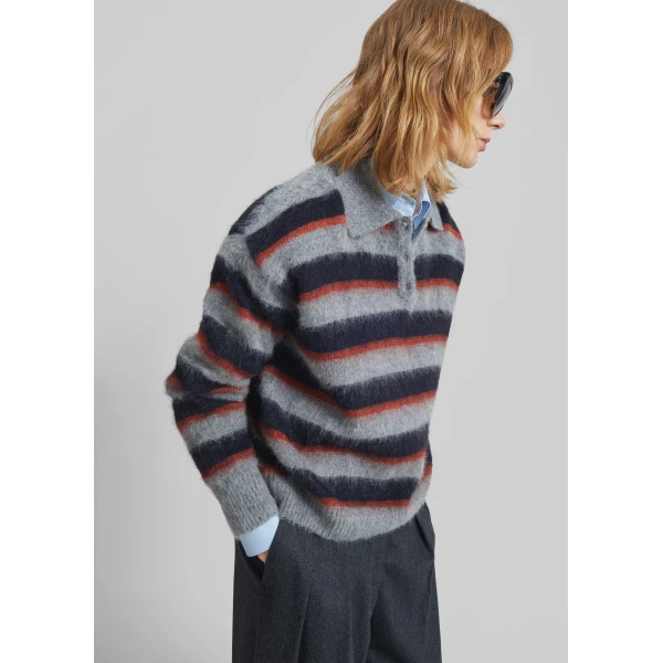The Frankie Shop Sorlia Mohair Polo Sweater - Grey Multi Stripe - Oversized Minimalist Knitwear in Multicolour - Shop at Luxury Shoes 