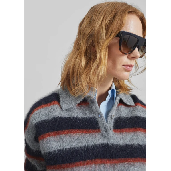 The Frankie Shop Sorlia Mohair Polo Sweater - Grey Multi Stripe - Oversized Minimalist Knitwear in Multicolour - Shop at Luxury Shoes 
