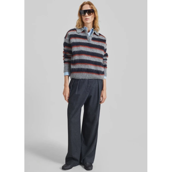 The Frankie Shop Sorlia Mohair Polo Sweater - Grey Multi Stripe - Oversized Minimalist Knitwear in Multicolour - Shop at Luxury Shoes 