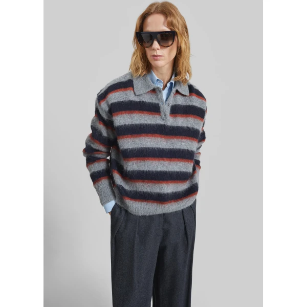The Frankie Shop Sorlia Mohair Polo Sweater - Grey Multi Stripe - Oversized Minimalist Knitwear in Multicolour - Shop at Luxury Shoes 