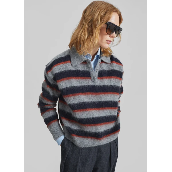 The Frankie Shop Sorlia Mohair Polo Sweater - Grey Multi Stripe - Oversized Minimalist Knitwear in Multicolour - Shop at Luxury Shoes 