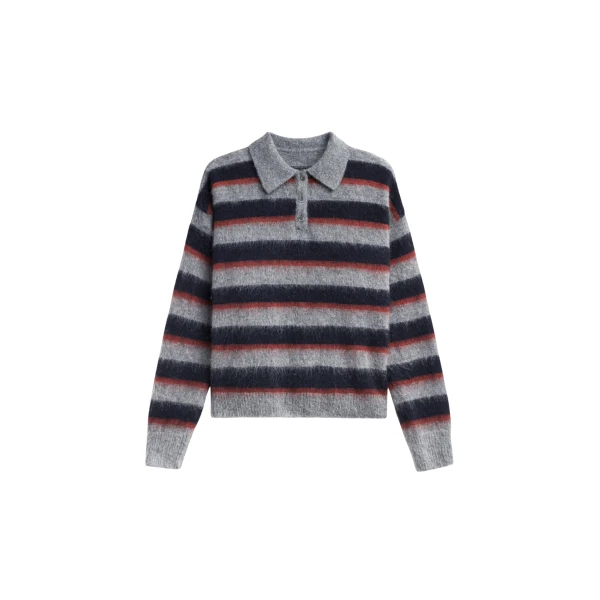 The Frankie Shop Sorlia Mohair Polo Sweater - Grey Multi Stripe - Oversized Minimalist Knitwear in Multicolour - Shop at Luxury Shoes 