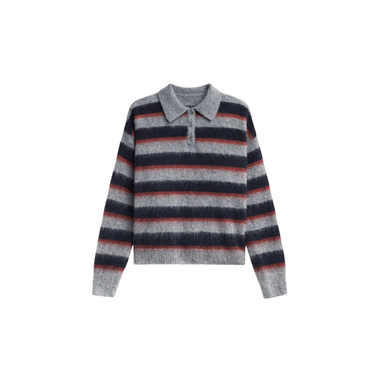 The Frankie Shop Sorlia Mohair Polo Sweater - Grey Multi Stripe - Oversized Minimalist Knitwear in Multicolour - Shop at Luxury Shoes 