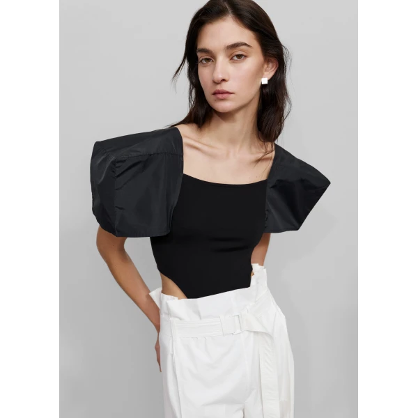 The Frankie Shop Square Shoulder Bodysuit - Black - Oversized Minimalist Tops in Black - Shop at Luxury Shoes 