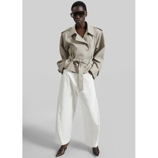 The Frankie Shop Stan Cropped Trench - Beige Melange - Oversized Minimalist Coats in Beige - Shop at Luxury Shoes 