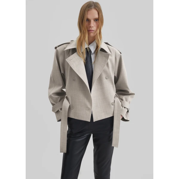 The Frankie Shop Stan Cropped Trench - Beige Melange - Oversized Minimalist Coats in Beige - Shop at Luxury Shoes 