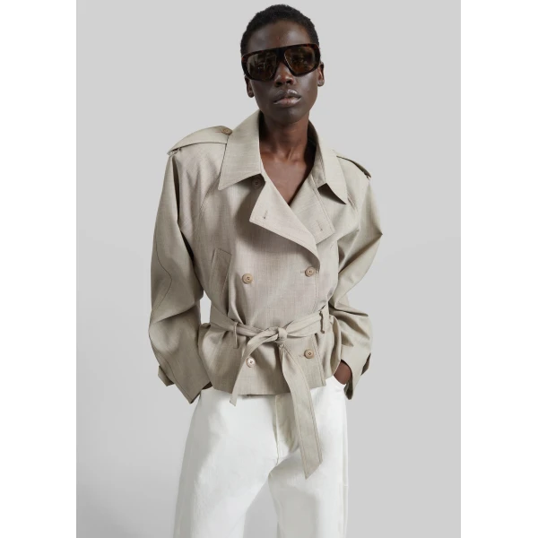 The Frankie Shop Stan Cropped Trench - Beige Melange - Oversized Minimalist Coats in Beige - Shop at Luxury Shoes 