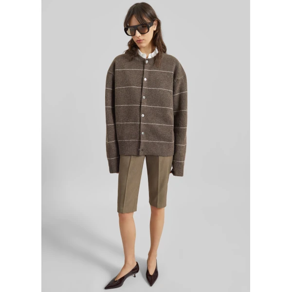 The Frankie Shop Stenvad Crewneck Cardigan - Brown/White Stripe - Oversized Minimalist Knitwear in Multicolour - Shop at Luxury Shoes 