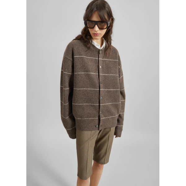 The Frankie Shop Stenvad Crewneck Cardigan - Brown/White Stripe - Oversized Minimalist Knitwear in Multicolour - Shop at Luxury Shoes 