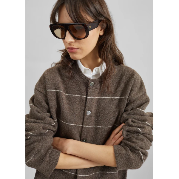 The Frankie Shop Stenvad Crewneck Cardigan - Brown/White Stripe - Oversized Minimalist Knitwear in Multicolour - Shop at Luxury Shoes 